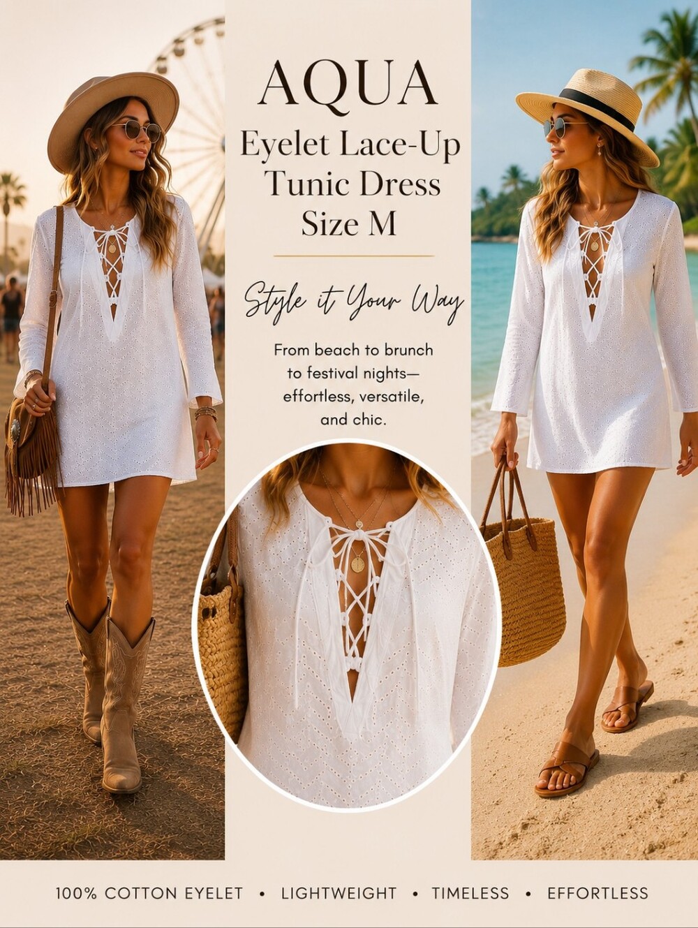 NWT AQUA by Bloomingdales White Eyelet Cotton Tunic Mini Dress Cover-Up Size M